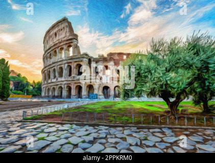 Rom, Italien - Sonnenuntergang hinter dem Kolosseum - kreative Illustration, eindrucksvolles Vintage-Design. Stockfoto