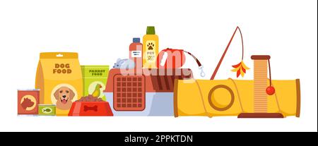 Tierzubehör und Fütterungsset. Hunde- und Katzenbedarf, Haustierbedarf, Spielzeug, Haus, Schüssel, Käfig, Kratzer-Pfosten, Ball, Kragen, Hundebett. Haustierpflege equ Stock Vektor