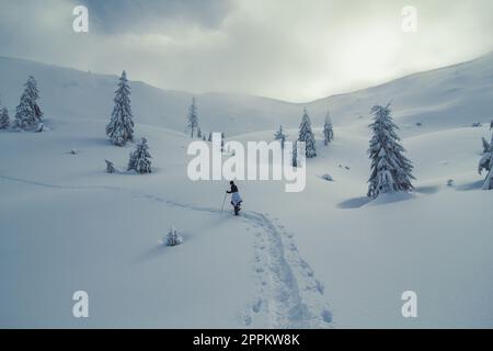 Einsamer Reisender, der sich durch die Schneelandschaft bewegt Stockfoto