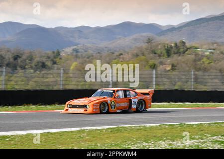 Scarperia, 2. April 2023: Ford Capri Turbo Gr 5 Jagermeister DRM Jahr 1982 Ex Klaus Ludwig in Aktion während Mugello Classic 2023 auf dem Mugello Circuit in Stockfoto