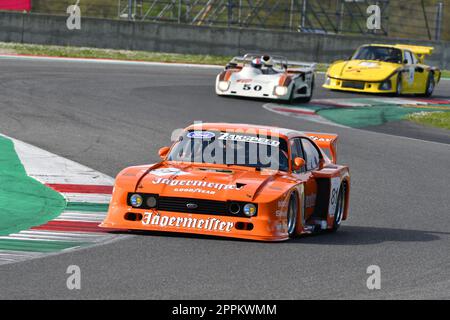 Scarperia, 2. April 2023: Ford Capri Turbo Gr 5 Jagermeister DRM Jahr 1982 Ex Klaus Ludwig in Aktion während Mugello Classic 2023 auf dem Mugello Circuit in Stockfoto