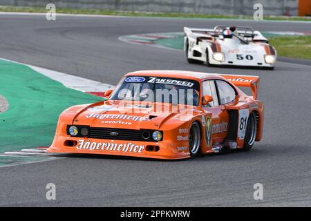 Scarperia, 2. April 2023: Ford Capri Turbo Gr 5 Jagermeister DRM Jahr 1982 Ex Klaus Ludwig in Aktion während Mugello Classic 2023 auf dem Mugello Circuit in Stockfoto