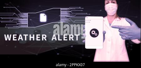 Handgeschriebener Text Wetterwarnung. Geschäftskonzept dringliche Warnung über den Zustand der Atmosphäre zu einem bestimmten Zeitpunkt Stockfoto