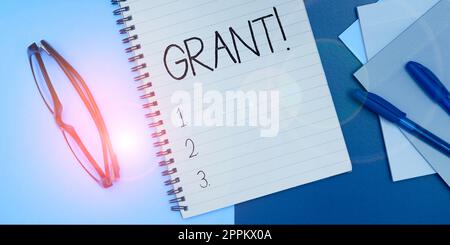 Berechtigung für konzeptionelle Anzeige. Geschäftsansatz Geld, das von einer Organisation oder Regierung für ein zweckmäßiges Stipendium vergeben wird Stockfoto