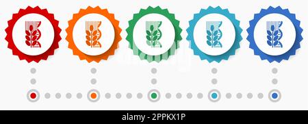 Symbolsatz für GVO-Landwirtschaftsvektoren, farbenfrohe Infografik-Vorlage, Satz flacher Badge-Symbole in 5 Farboptionen Stock Vektor