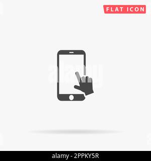 Smartphone mit Handschlitten. Einfaches flaches schwarzes Symbol mit Schatten auf weißem Hintergrund. Piktogramm zur Vektordarstellung Stockfoto