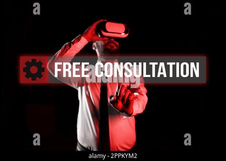 Schild mit der Aufschrift „Free Consultation“. Konzeptfoto mit ärztlicher und juristischer Diskussion ohne Bezahlung Stockfoto