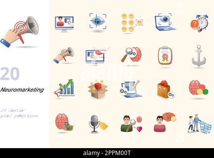 Neuromarketing-Set. Kreative Symbole: Kodierung von Gesichtern, Augenverfolgung, Verständnis von Emotionen, Pupillometrie, Knappheit, Sensorisches Marketing, nlp, kognitiv Stock Vektor