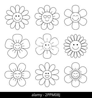Süße lustige groovy Blumenkollektion in linearem Stil. Lächelndes Kopfgesicht mit Blütenblättern. Vektordarstellung Stock Vektor