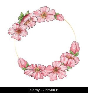 Kirschblüte. Einladung, Karte, Banner mit wässrigen pinkfarbenen Kirschblüten. Leere Vorlage. Von Hand zeichnen. Runder Rahmen mit Blumen Stockfoto