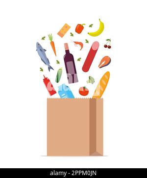 Frische gesunde Produkte werden in eine Papiertüte geworfen. Bio-Lebensmittel vom Bauernhof. Gemüse, Brot, Milchprodukte, Weinrebe, Fleisch, Fisch und Obst. Essen Stock Vektor