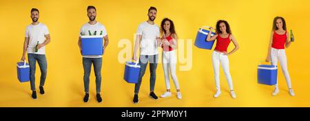 Collage mit Fotos von Personen mit coolen Boxen auf gelbem Hintergrund. Bannerdesign Stockfoto