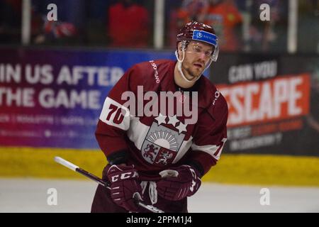 Coventry, England, 23. April 2023. Miks Indrasis spielt in der Skydome Arena in Coventry für Lettland gegen Großbritannien bei einem Spiel der International Challenge Series. Kredit: Colin Edwards Stockfoto