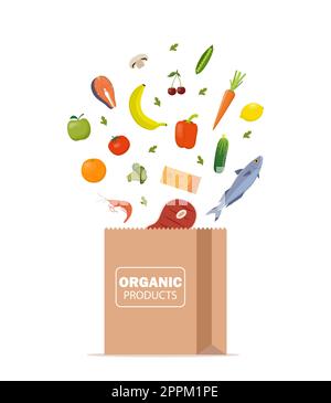 Frische gesunde Produkte werden in eine Papiertüte geworfen. Bio-Lebensmittel vom Bauernhof. Gemüse, Brot, Milchprodukte, Weinrebe, Fleisch, Fisch und Obst. Essen Stock Vektor
