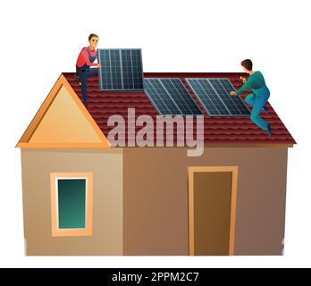 Zwei Arbeiter installieren Sonnenkollektoren auf dem Dach. Alternative Energie. Erneuerbare Energiequellen für elektrische Energie. Arbeiter arbeiten auf dem Dach. Kleines Haus und zwei Stock Vektor