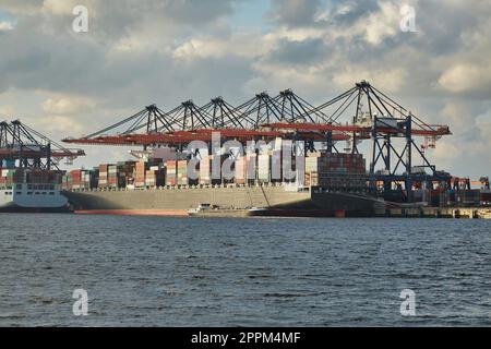 Containerdock in Rotterdam, Frachtschiffe Stockfoto