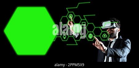 Ein Geschäftsmann im schwarzen Büroanzug, der eine VR-Brille trägt und sich die technologische Botschaft ansieht. Ein Mann, der mit beiden Fingern virtuelle Knöpfe drückt. Futuristischer Style. Stockfoto