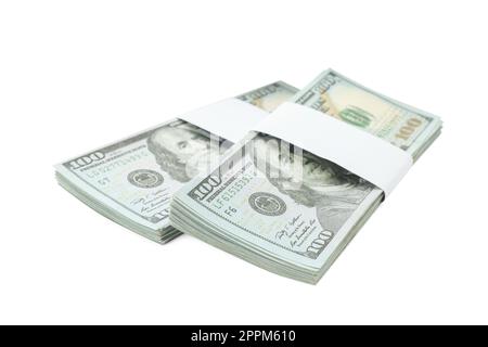 Bündel von auf weiß isolierten Dollar-Banknoten. Amerikanische Landeswährung Stockfoto