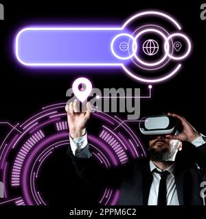 Geschäftsmann Mit Vr-Brille, Der Mit Einem Finger Auf Wichtige Nachrichten Zeigt. Ein Mann, Der Eine Brille Für Die Virtuelle Realität Hat Und Grausame Informationen Zeigt. Stockfoto