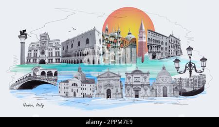 Zeitgenössische Kunstwerke. Kreatives Design im Retro-Stil. Schwarzweißes Bild, wunderschöne Gebäude in Venedig. Oldtimer-Stadt. Konzept von Kreativität, Surrealismus, Vorstellungskraft, futuristischer Landschaft Stockfoto