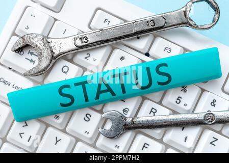 Textzeichen mit Status. Eine Geschäftsidee zu einem bestimmten Zeitpunkt während einer Position als Prozessexperte Stockfoto