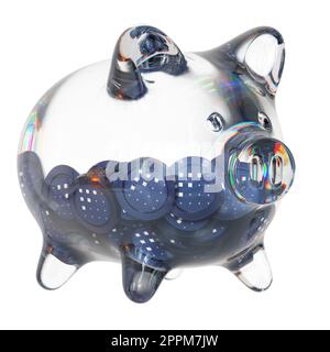 Fetch.ai (FET) Sparschwein aus Klarglas mit abnehmenden Stapeln Krypto-Münzen. Das Konzept der Inflation, Finanzkrise und des Verlusts von Geld zu retten. 3D Abbildung Stockfoto