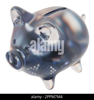 Fetch.ai (FET) Sparschwein aus Klarglas mit abnehmenden Stapeln Krypto-Münzen. Das Konzept der Inflation, Finanzkrise und des Verlusts von Geld zu retten. 3D Abbildung Stockfoto