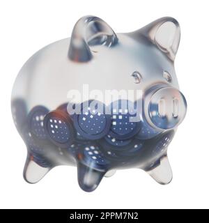 Fetch.ai (FET) Sparschwein aus Klarglas mit abnehmenden Stapeln Krypto-Münzen. Das Konzept der Inflation, Finanzkrise und des Verlusts von Geld zu retten. 3D Abbildung Stockfoto