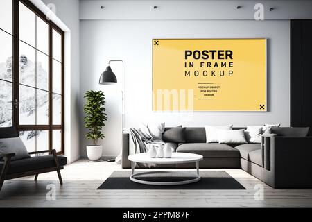 Moderne Zimmereinrichtung mit Fotorahmen an weißen Wänden. Möbel in Schwarz und Weiß. Stockfoto