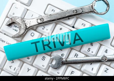 Schreiben und Anzeigen von Text Trivia. Business-Showcase-Details Erwägungen Teile Informationen wenig Bedeutung oder Wert Stockfoto