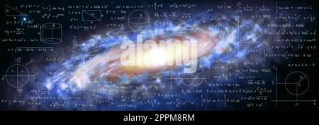 Darstellung der Grundphysik und Mathematikformeln und Galaxie im Universum. Bannerdesign Stockfoto