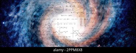 Darstellung der Grundphysik und Mathematikformeln und Galaxie im Universum. Bannerdesign Stockfoto