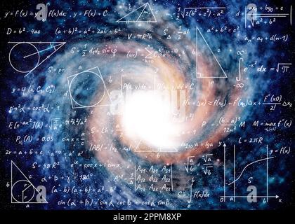 Darstellung der Grundphysik und Mathematikformeln und Galaxie im Universum Stockfoto