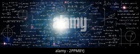 Darstellung der Grundphysik und Mathematikformeln und Galaxie im Universum. Bannerdesign Stockfoto