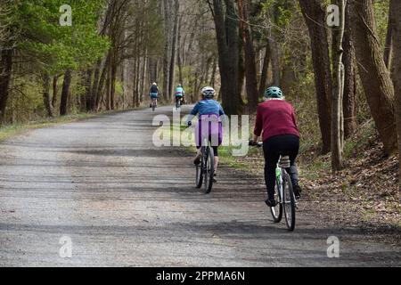 Radfahrer und Wanderer genießen den Virginia Creeper Trail, einen vielseitigen Eisenbahnpfad zwischen Abingdon und Whitetop Mountain im Südwesten von Virginia. Stockfoto