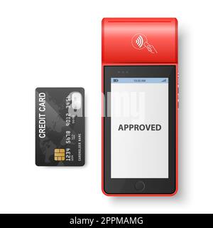 Rotes NFC-Zahlungsgerät Vector 3D, genehmigter Status und Kreditkarte isoliert. WiFi, Wireless-Bezahlung. POS-Terminal, Machine Design Template of Bank Payment Contactless Terminal, Mockup. Draufsicht Stockfoto