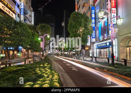 ikebukuro, japan - dezember 31 2019: Nachtsicht auf den Bürgersteig der Sunshine Street am Ostausgang des Bahnhofs Ikebukuro mit Gräsern an Stockfoto