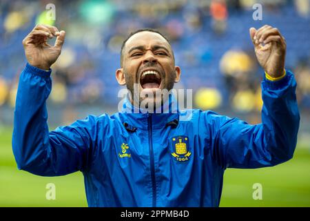 Broendby, Dänemark. 23. April 2023. Kevin Mensah von Broendby, GESEHEN vor dem Superliga-Spiel 3F zwischen Broendby IF und Randers FC im Broendby Stadion in Broendby. (Foto: Gonzales Photo/Alamy Live News Stockfoto