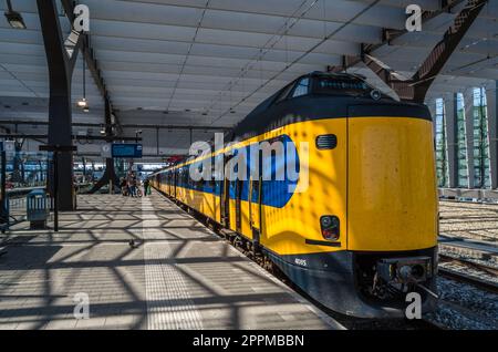 ROTTERDAM, NIEDERLANDE - 23. AUGUST 2013: Holländischer Zug vom Bahnsteig Rotterdam Centraal aus gesehen Stockfoto