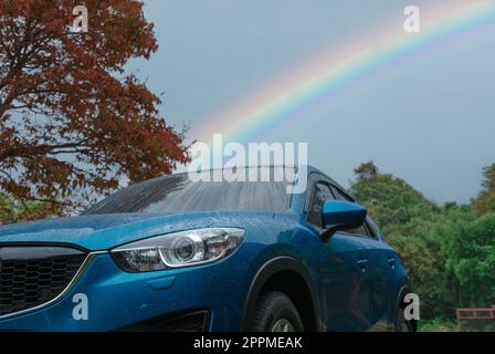 Blauer SUV mit Regentropfen vor grünem Wald und Regenbogenhimmel. Parkplatz im Freien. Roadtrip. Abenteuerreise im Nationalpark. Sicherheitskonzept für das Fahren in der Regenzeit Stockfoto