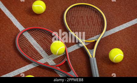 Tennisschläger und Bälle auf dem Hartplatz. 3D Abbildung Stockfoto