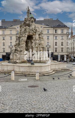 Barocker Parnas-Brunnen aus dem 17. Jahrhundert auf dem Zelny Trh Square (Kohlmarkt), Brünn, Tschechische Republik Stockfoto