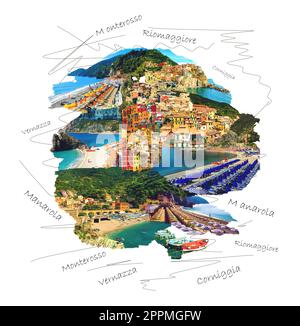 Panoramablick auf Küstendörfer in Cinque Terre, Ligurien, Italien. Kunstcollage, Design Stockfoto