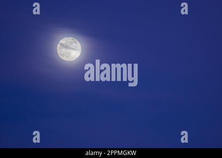 Leuchtender Mond mit weichen Wolken am Himmel während der Blue Hour links Stockfoto