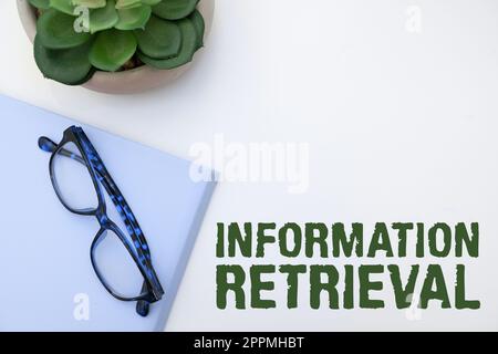 Schild mit Anzeige des Informationsabrufs. Geschäftsansatz Ein Ort, an dem Daten gespeichert und gefunden werden können Stockfoto