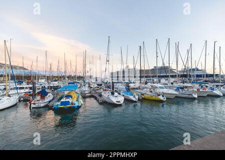 Funchal Marina am Abend, wo sich Leute versammeln, um das neue Feuerwerk zu sehen Stockfoto