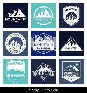 Mountain travel, Outdoor Adventures Logo Set. Wandern und Klettern Etiketten oder Ikonen für Tourismus-Organisationen, Veranstaltungen, Camping Freizeit. Stockfoto