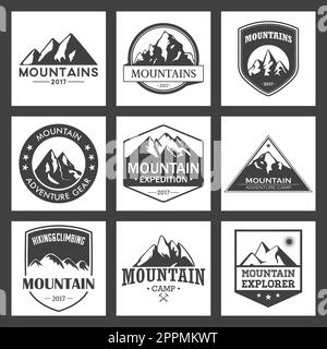 Mountain travel, Outdoor Adventures Logo Set. Wandern und Klettern Etiketten oder Ikonen für Tourismus-Organisationen, Veranstaltungen, Camping Freizeit. Stockfoto