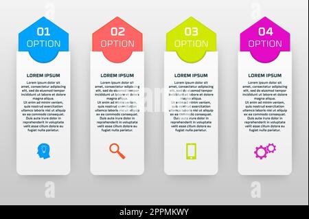 Vektor-Infografik-Vorlage mit vier Optionen für den Materialkonstruktionsstil. Es kann als Diagramm, nummeriertes Banner, Präsentation, Diagramm, Bericht, Web usw. Stockfoto