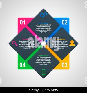 Vektor-Infografik-Vorlage mit vier Optionen für den Materialkonstruktionsstil. Es kann als Diagramm, nummeriertes Banner, Präsentation, Diagramm, Bericht, Web usw. Stockfoto